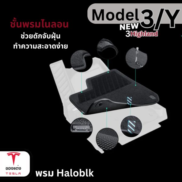 พรม Haloblk สำหรับ Tesla Model 3Highland/Y - ทนทาน ทำความสะอาดง่าย พร้อมส่งทันที - Image 4